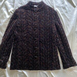 Vintage 1980s Velvet Paisley Toggle Mandarin Collar Quilted Jacket M Boho Cotton